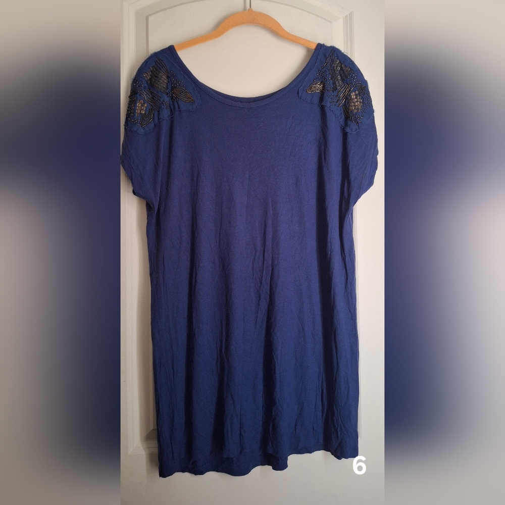 Ana Women's Blue Shoulder Floral Embroidery Casual Top Sz L Boho Summer Travel